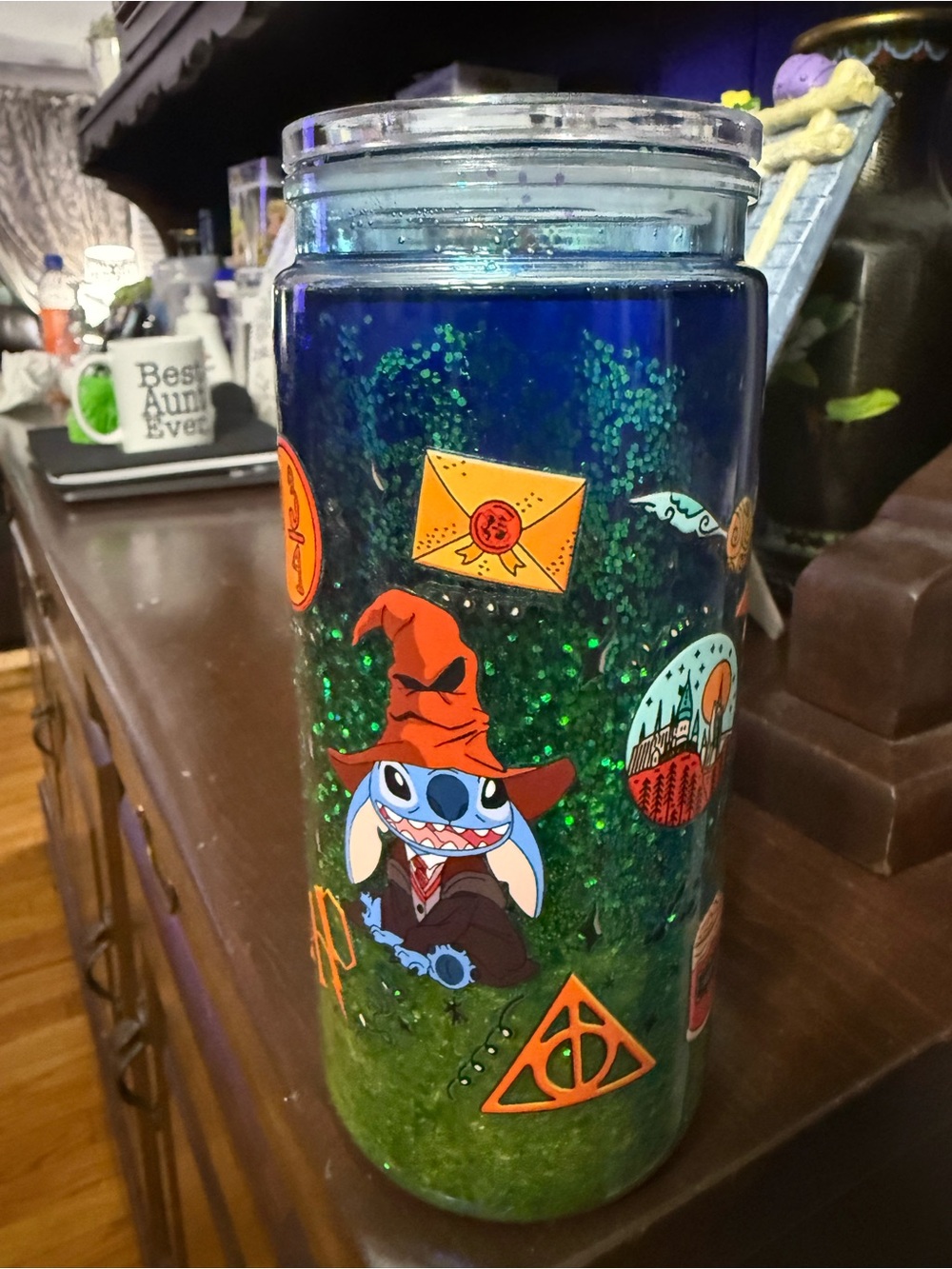 Stitch-themed Glitter Travel Tumbler in Green and Blue